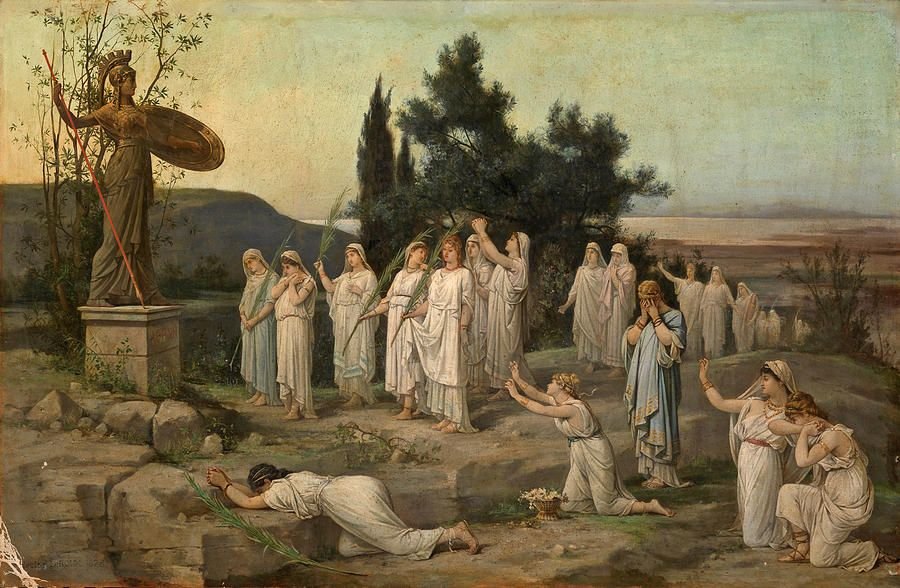 This painting  represent Greek women dressed in white clothes, adoring the statue of Athena.