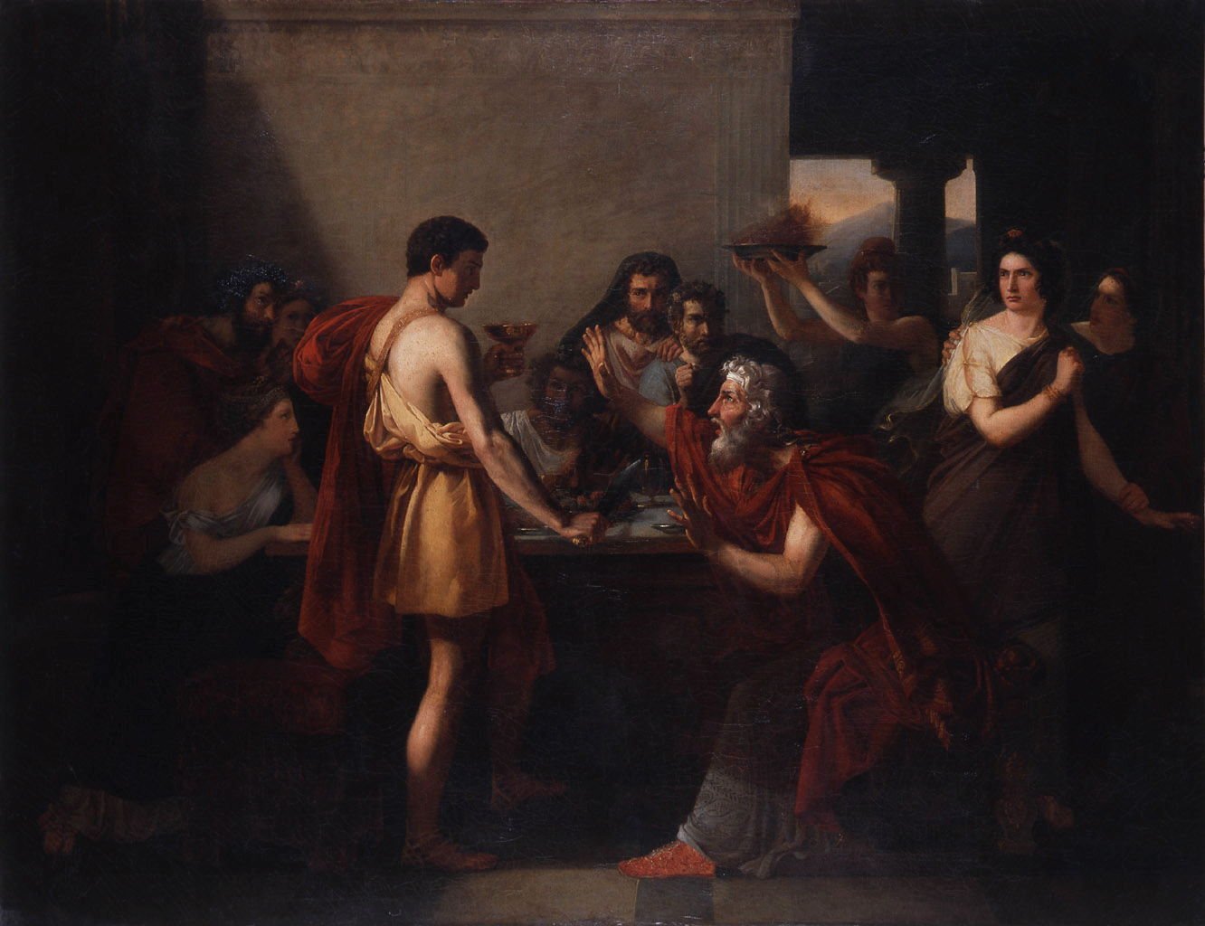 This painting represents the slayer of Minotaur, being recognized by his father in a dark room, full of people.