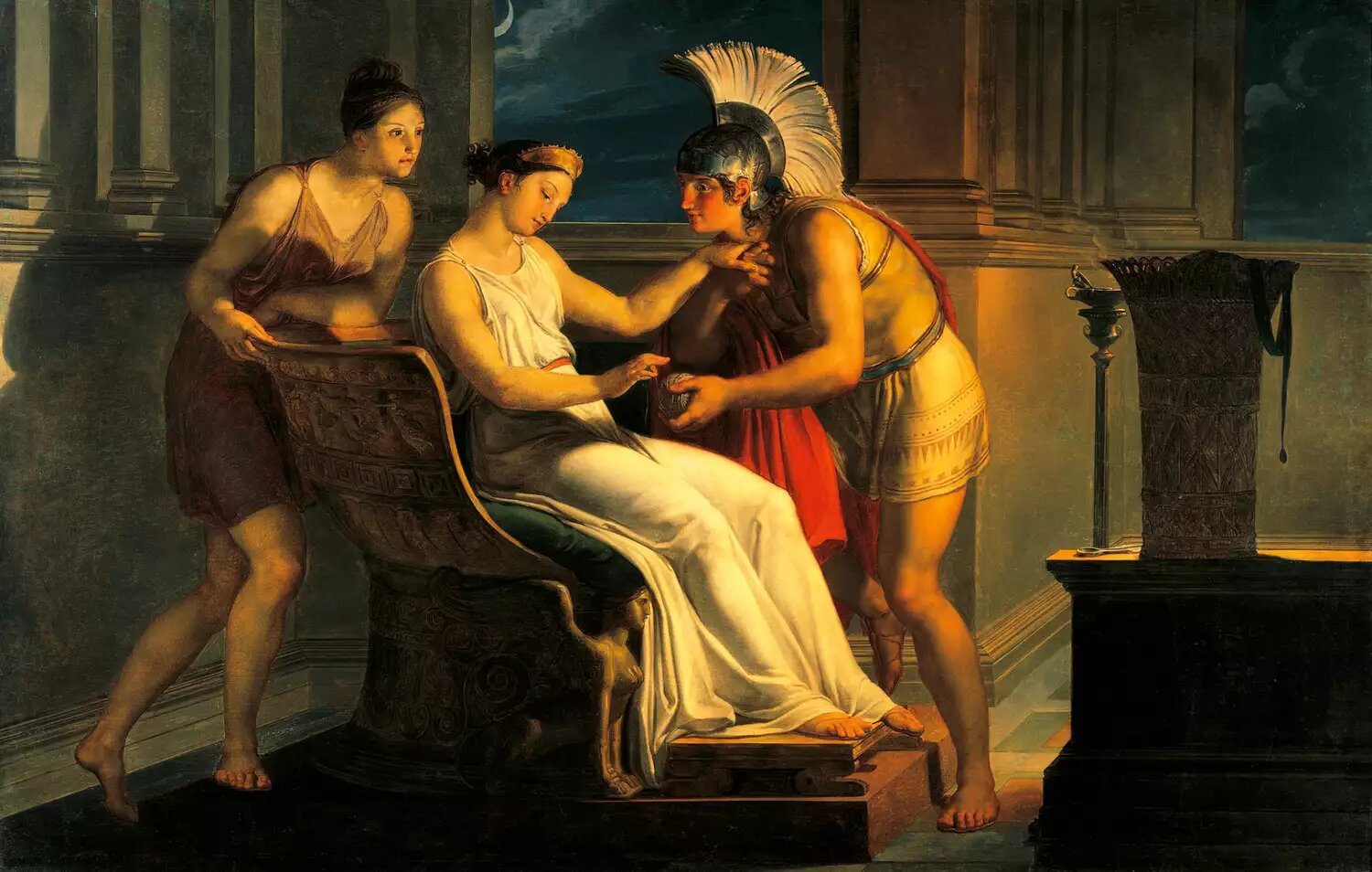 This painting represents Theseus receiving the thread from Ariadne. She is dressed in white clothes and he wears a warrior's helmet.