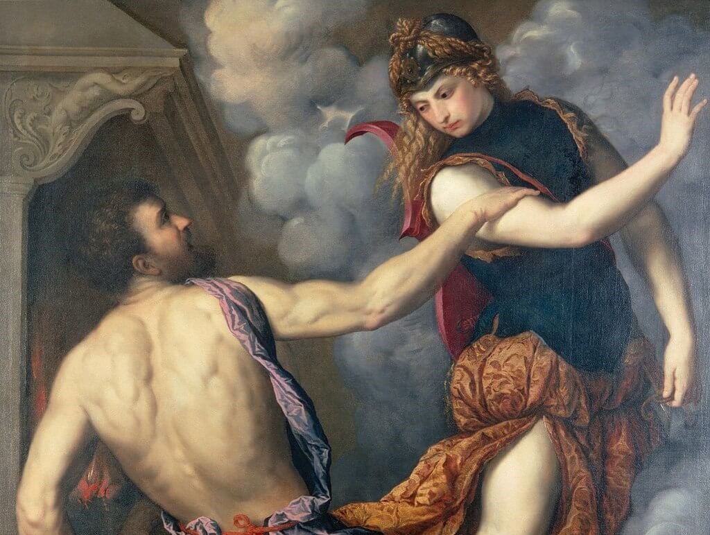 In this painting Athena rejects Hephaestus as a suitor. He is grabbing her shoulder, saying something.