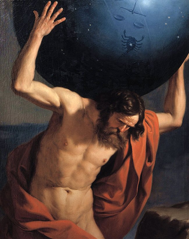 This painting represents Atlas as a slim, athletic man, holding a heavy black globe.