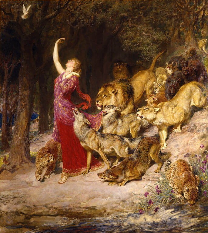 This painting represents Aphrodite as a beautiful woman in red dress followed by lions, wolves, leopards and bears.