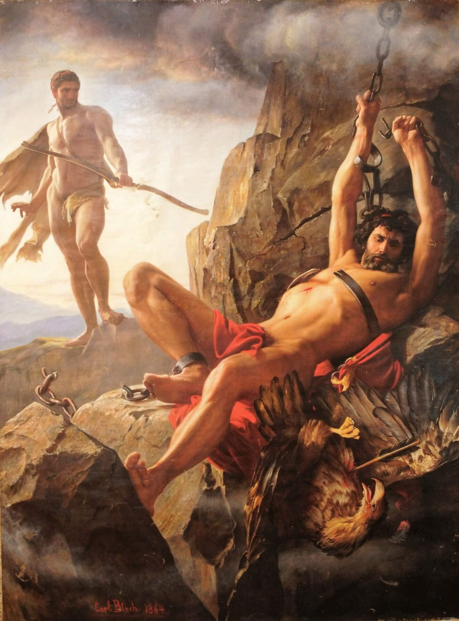 This painting represents Prometheus chained to a rock and Heracles with bow. He just had killed the eagle that was torturing the titan.
