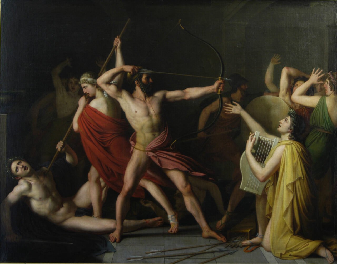 This painting represents Odysseus and Telemachus killing the suitors.
