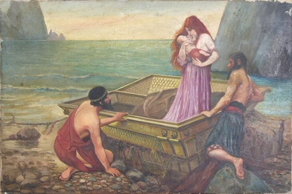 The painting represents Danaë holding little Perseus in her hands. The fisherman Dictys just had found her and opened the chess.