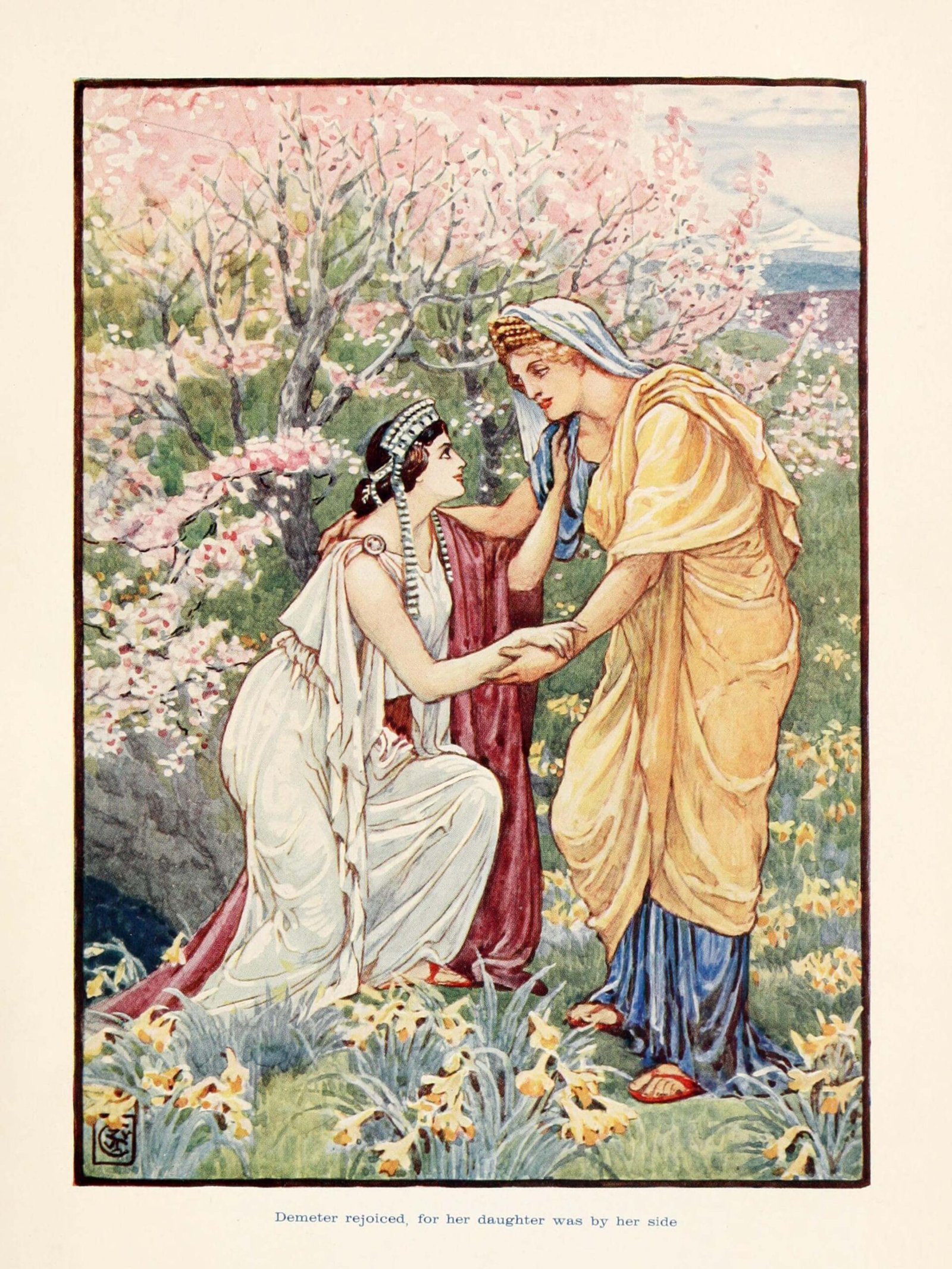This painting represents Demeter meeting her daughter Persephone, returning from the underworld. She meets her nearby a tree in full blossom and there are a lot of colorful flowers around.