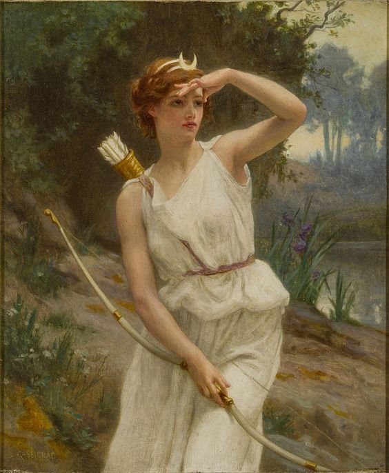 This painting represents the goddess Artemis as a young beautiful woman dressed in white clothes and holding a bow.