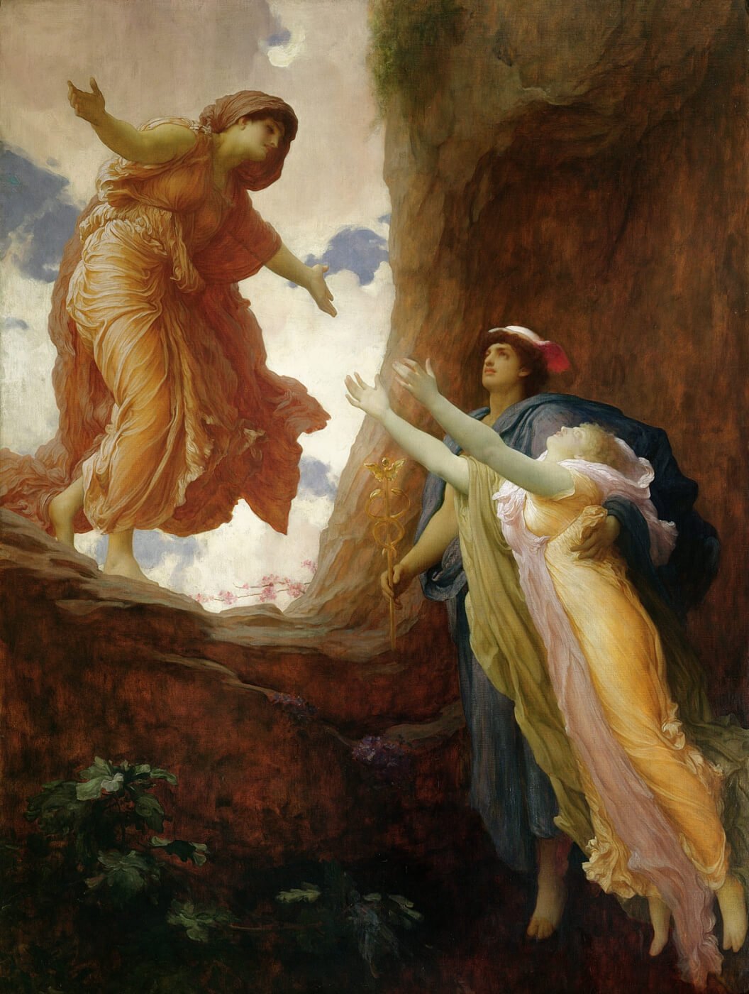 This painting represents Persephone that returns from the underworld for the first time, accompanied by Hermes. She meets her mother Demeter at the entrance to Hades.