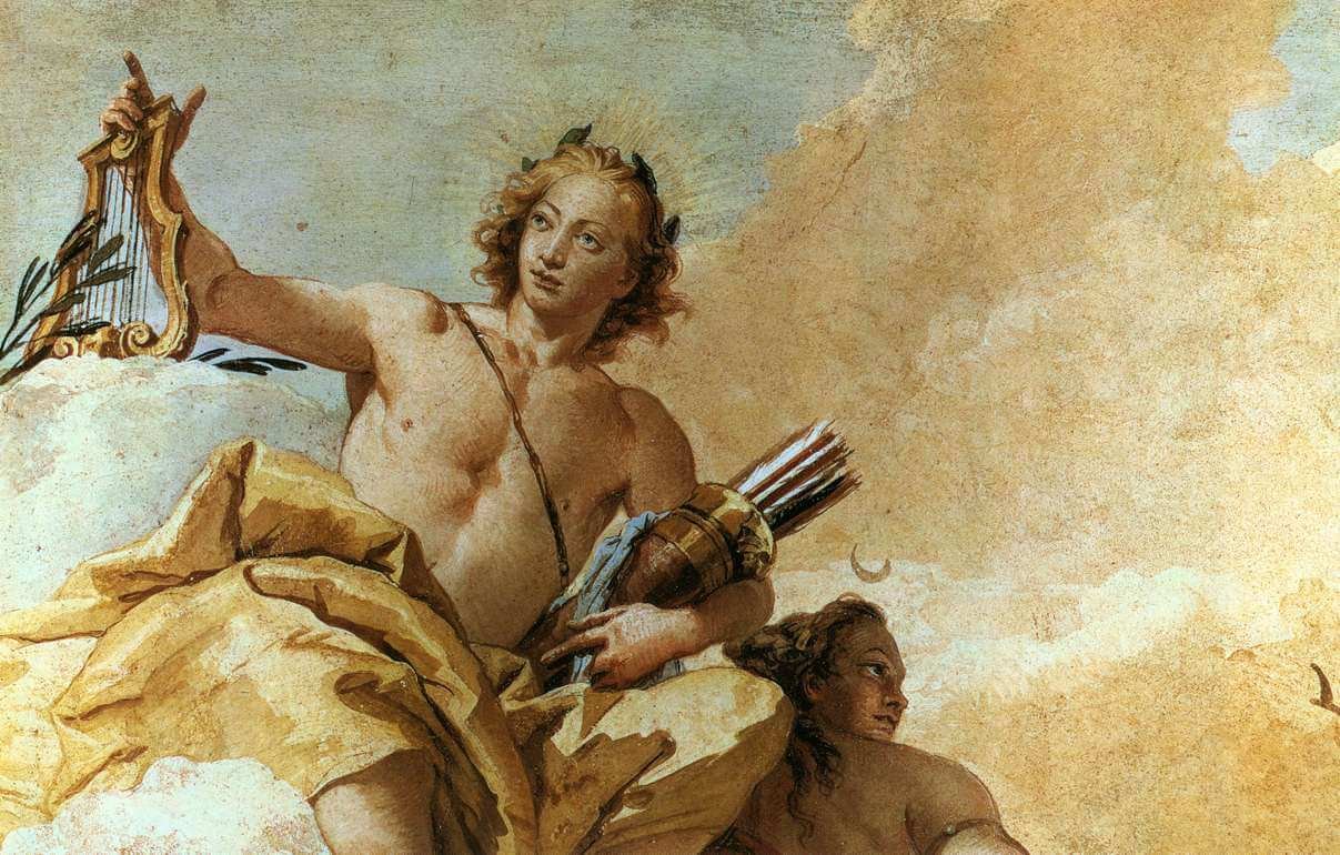 The painting depicts Apollo as a young man dressed in dark golden clothes. He is sitting on a cloud with his sister Artemis.