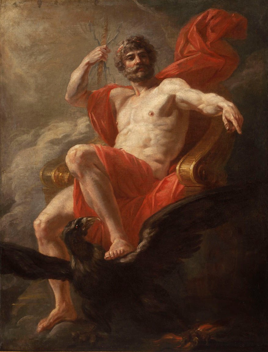 This painting represents Jupiter (Zeus) as an athletic bearded man in red robes in company of an eagle, sitting in the middle of the sky.