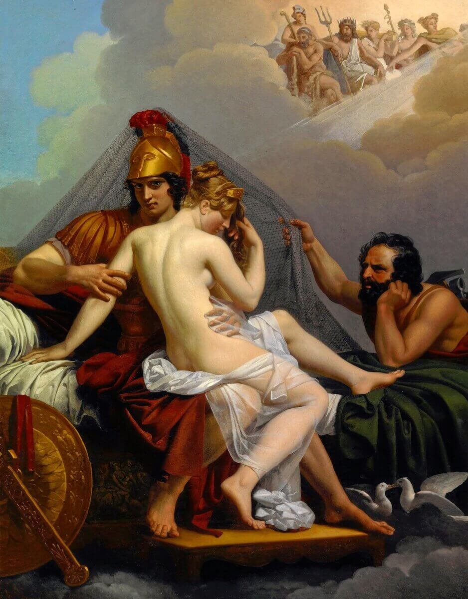 This painting represents Hephaestus, ensnaring Aphrodite and Ares in a light unbreakable net.