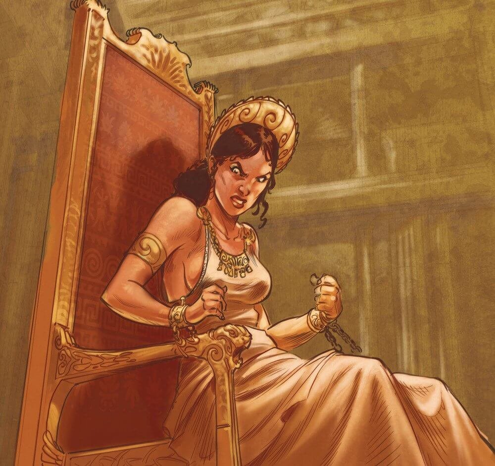 The colourful drawing shows Hera as a young, beautiful woman, trying angrily to liberate herself from the golden throne of Hephaestus.