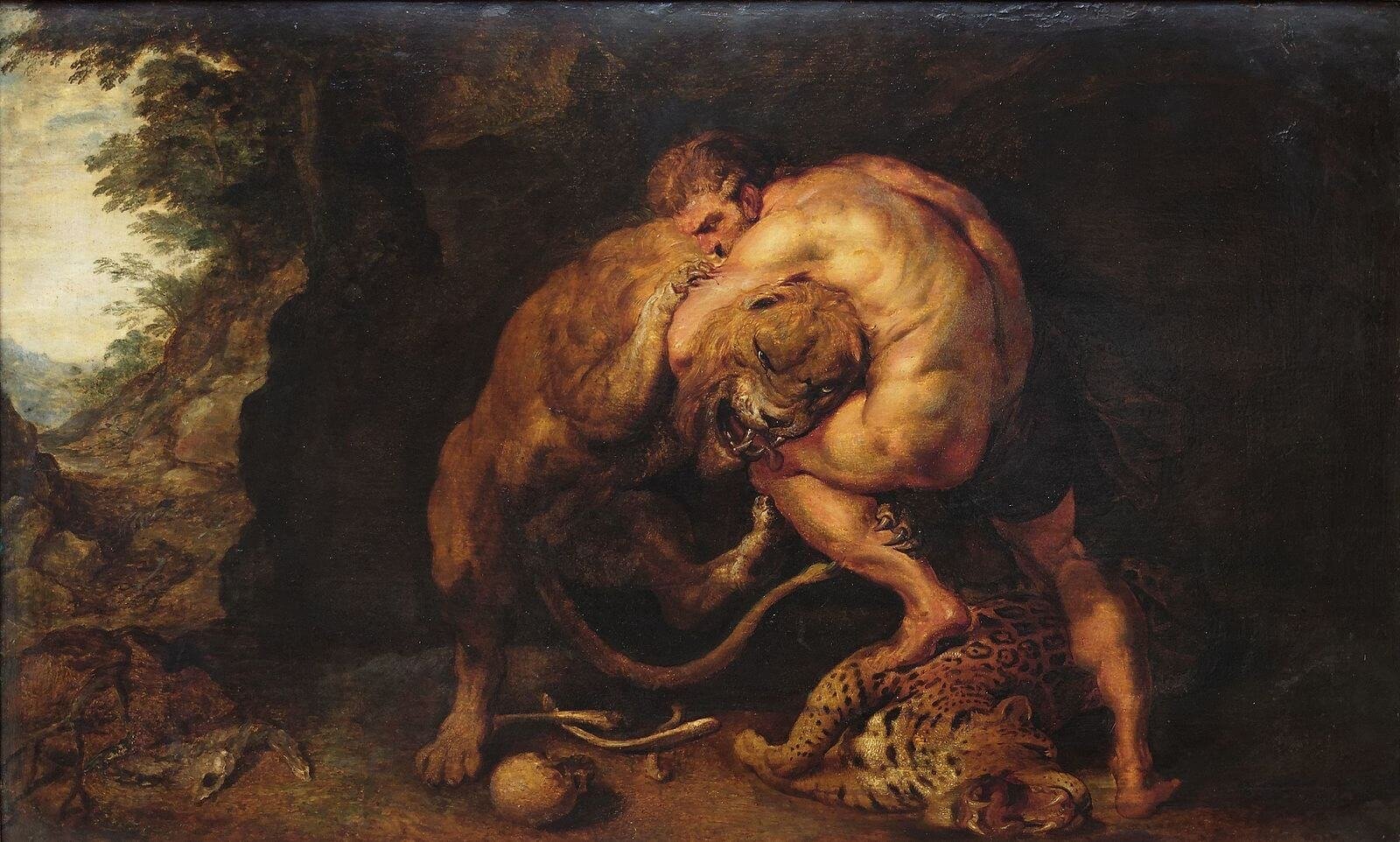 This painting represents Heracles, fighting with the fearsome Nemean Lion.
