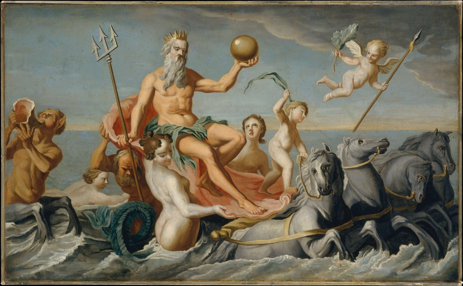 This painting represents Poseidon, sitting in his chariot and surrounded by water nymphs. He holds a golden globe.