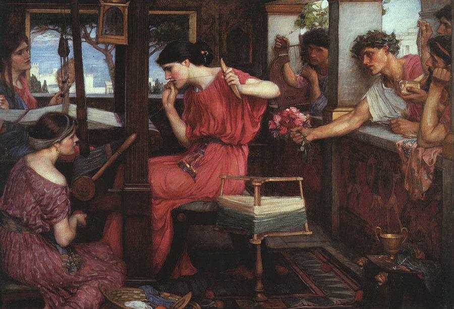 This painting represents Penelope weaving, surrounded by the suitors.