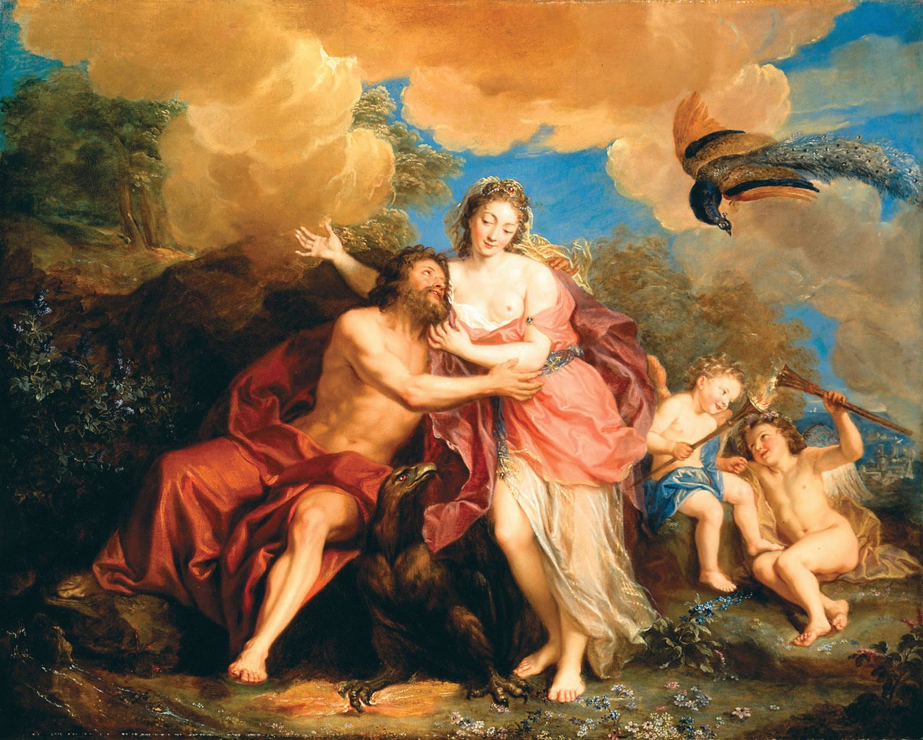 This painting represents Zeus and Hera as a lovely pair of spouses sitting under the cheerful blue sky with nearby vanilla clouds. A peacock flies above them and two little kids are playing nearby.