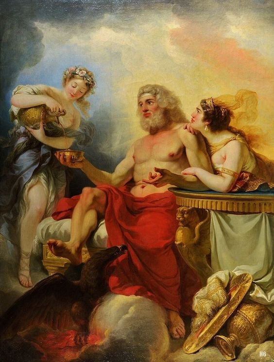 This painting represents Zeus and Hera receiving the drink of gods from Hebe, their daughter and the goddess of youth.
