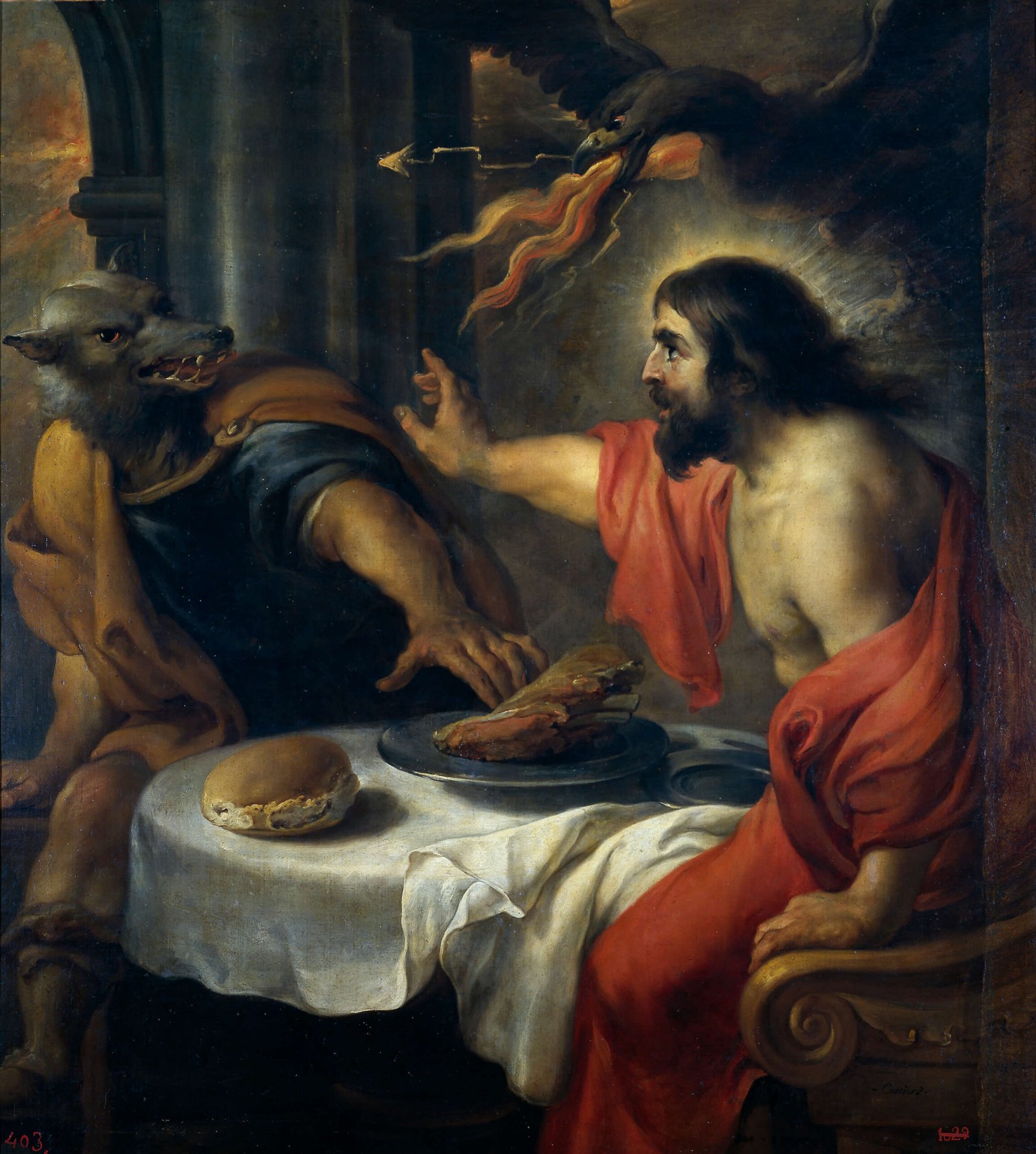 This painting represents Jupiter (Zeus) and Lycaon turned by the king of Olympus into wolf.