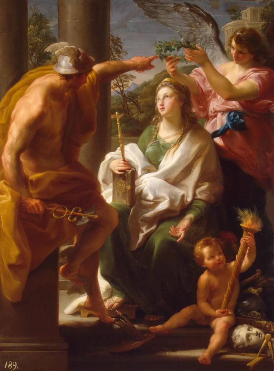 This painting represents young Hermes in helmet and colorful robes. He crowns a woman in green and white clothes as the mother of Arts. She is the Philosophy.