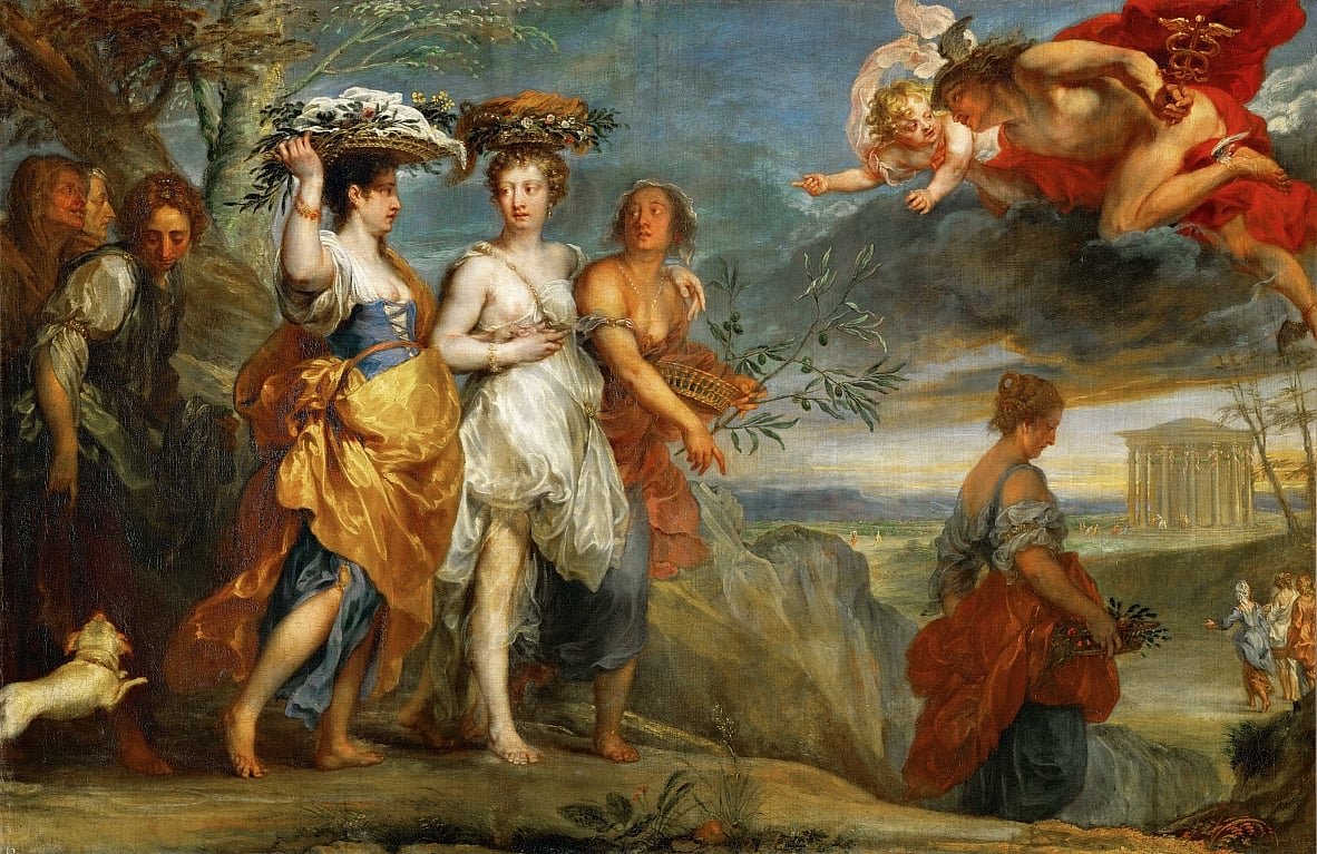 This painting represents Hermes overflying a group of middle-aged women.