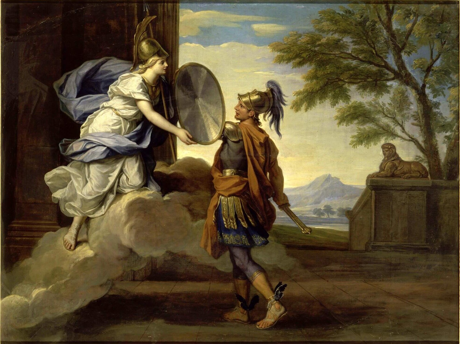 This painting represents Athena giving her shield to the Greek hero Perseus.