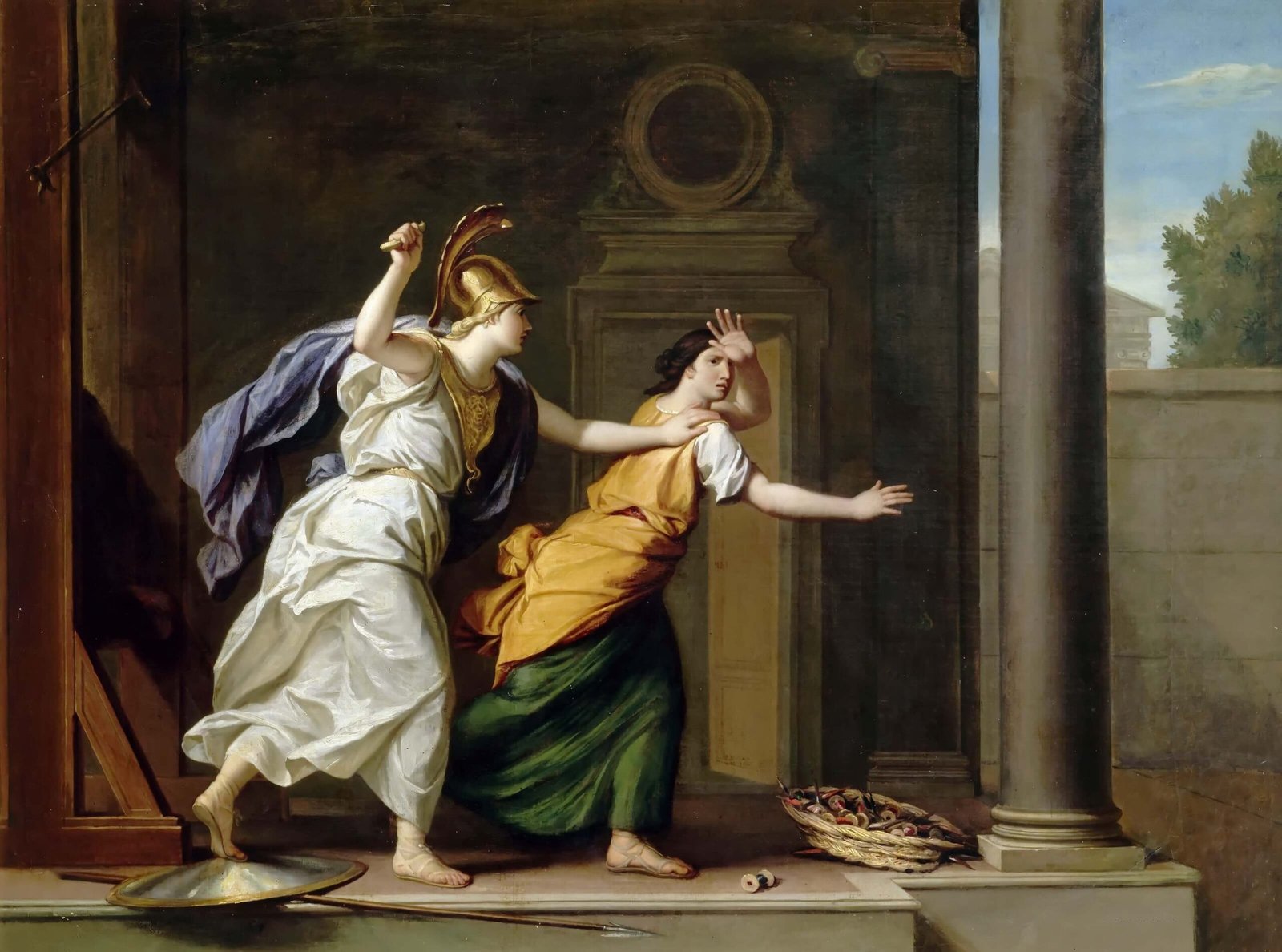 This painting represents the goddess of wisdom beating Arachne with her shuttle.