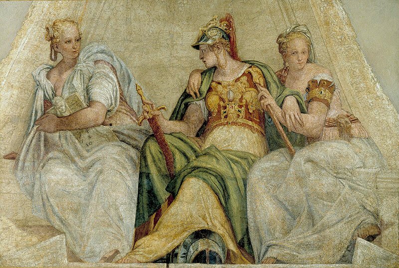 This fresco fragment represents Athena in a green-golden armour sitting between two young women in white robes. Athena is the antithesis of Medusa in Greek Mythology.