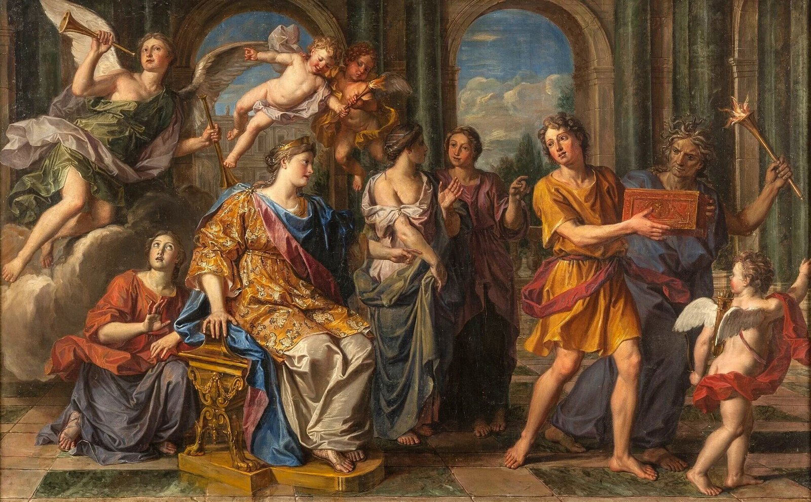 This colorful painting represents the wife of Heracles, sending him a messanger with the poisoned armour, which is going to kill the hero. 