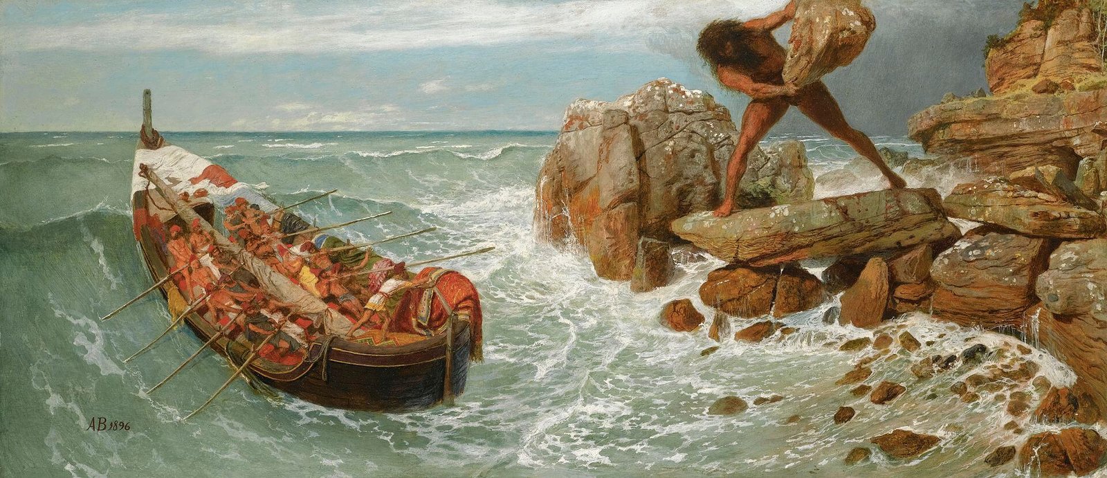 This painting represents the giant Polyphemus throwing an enormous rock at the boat with Ulysses and his crew.