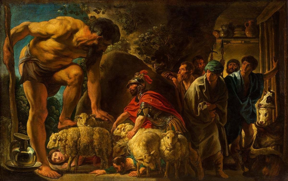 This painting represents Odysseus and his soldiers encountering the Cyclops Polyphemus.
