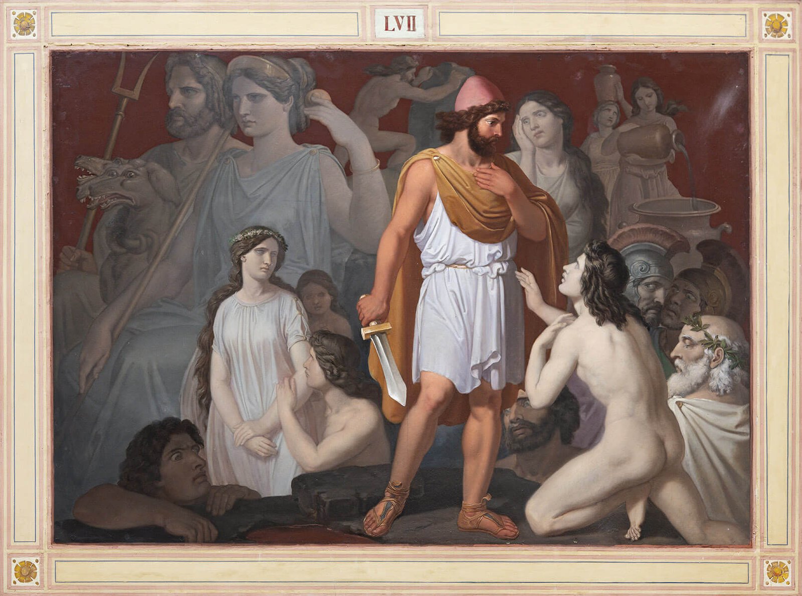 This wall painting represents Odysseus with his sword, meeting the dead in the underworld.