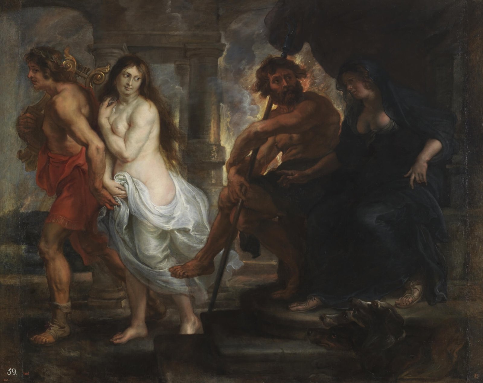 This painting represents Orpheus and Eurydice, leaving Hades, the greek god of the underworld and his spouse Persephone.