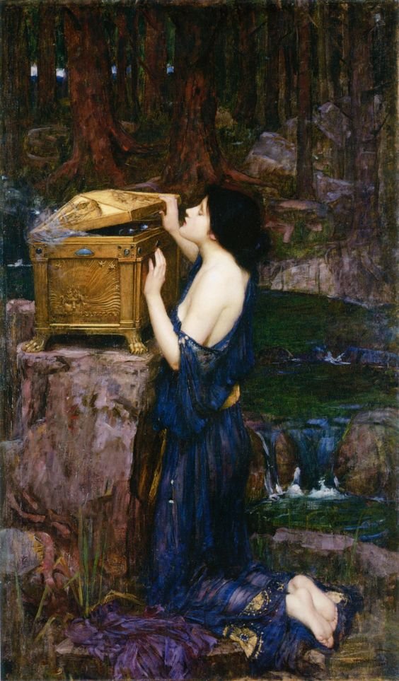 This painting represents Pandora opening a big golden box.