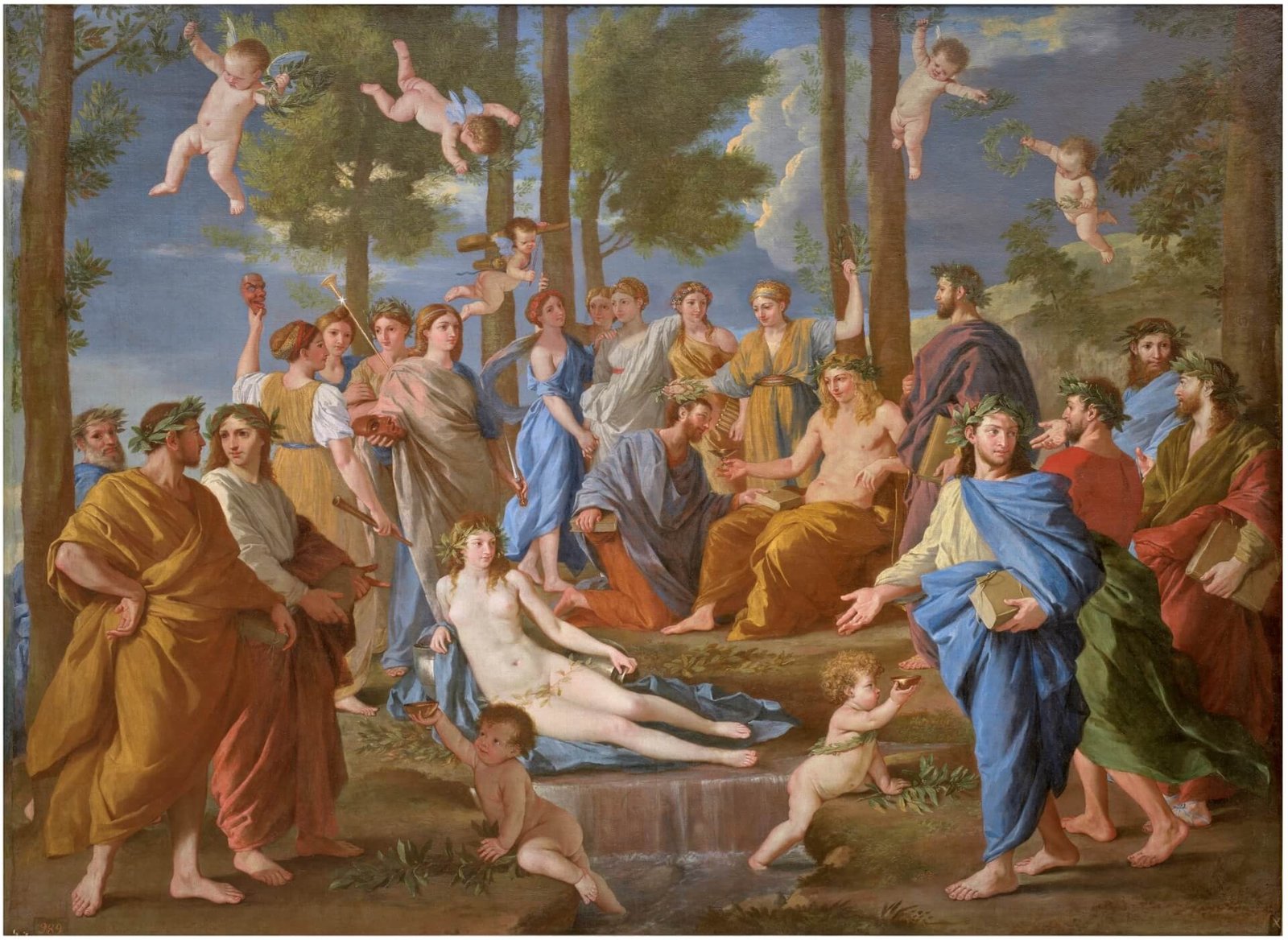 This painting represents Apollo, surrounded by his Muses on Mount Parnassus.