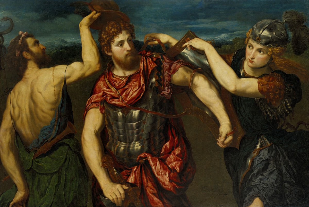 This painting represents young Perseus with beard, while being armed by Hermes and Athena.