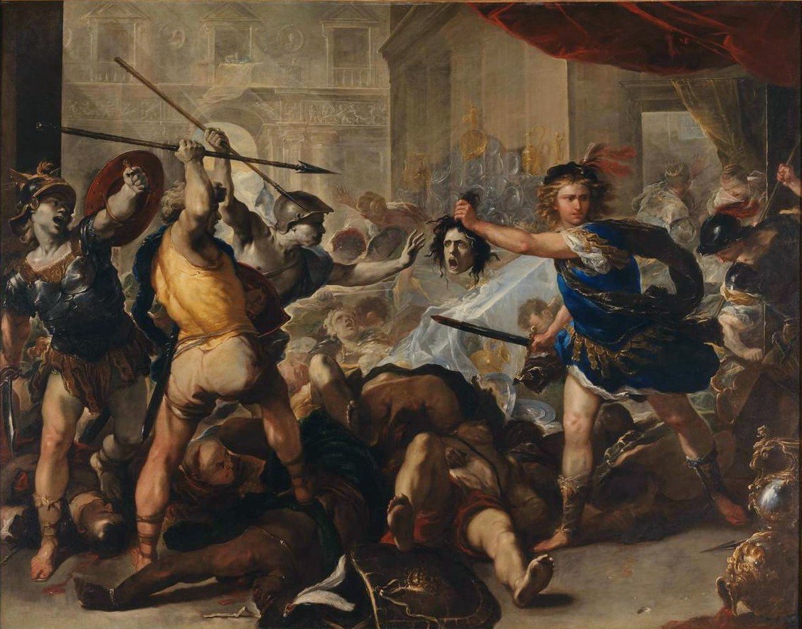 This painting represents blonde and unbearded Perseus turning Phineus and his soldiers into stone by the use of the head of Medusa.