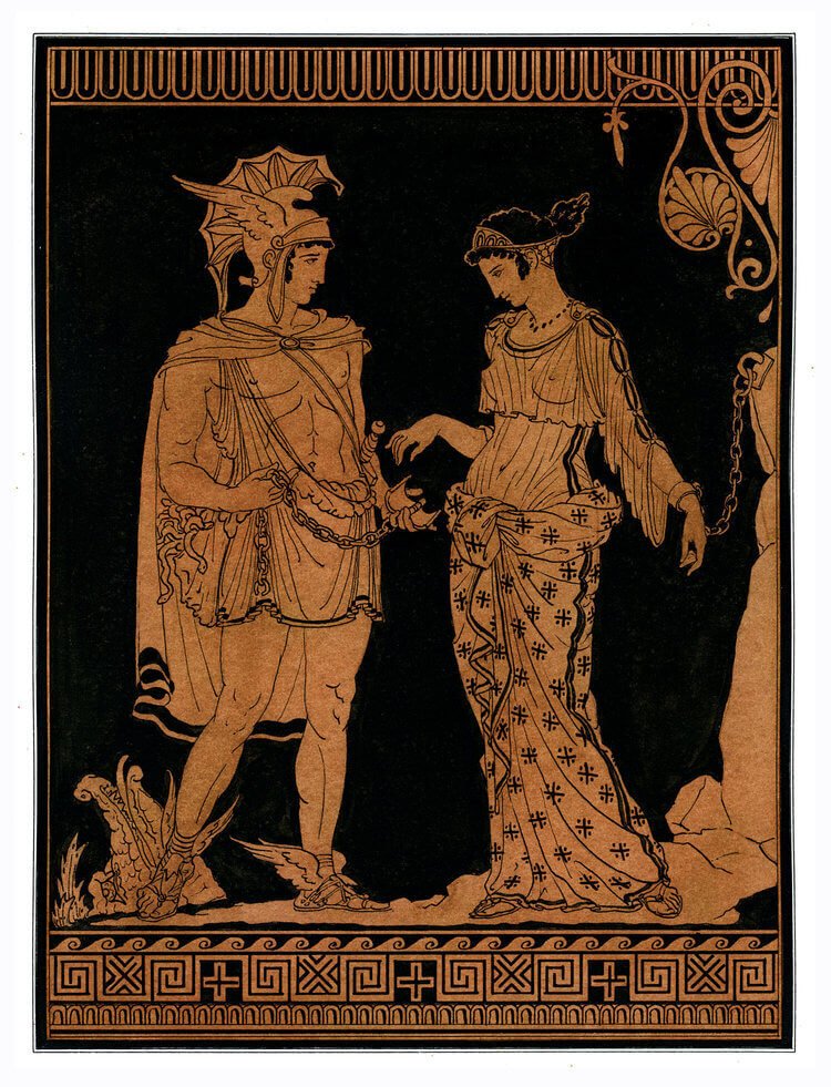 This ancient greek image from a vase represents Perseus,and Andromeda speaking together.