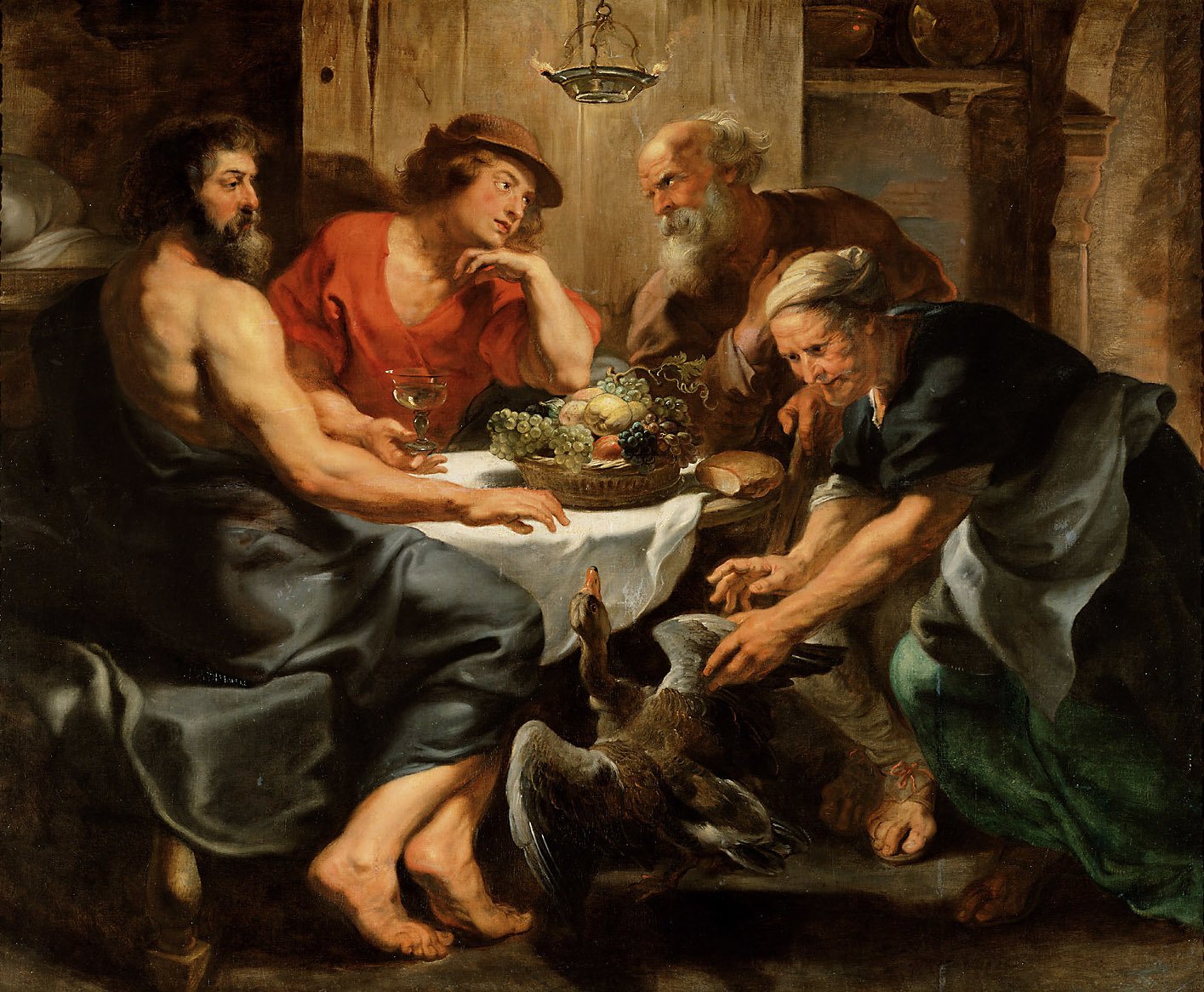 This painting represents Hermes and Zeus as guests in the house of two kind old persons.