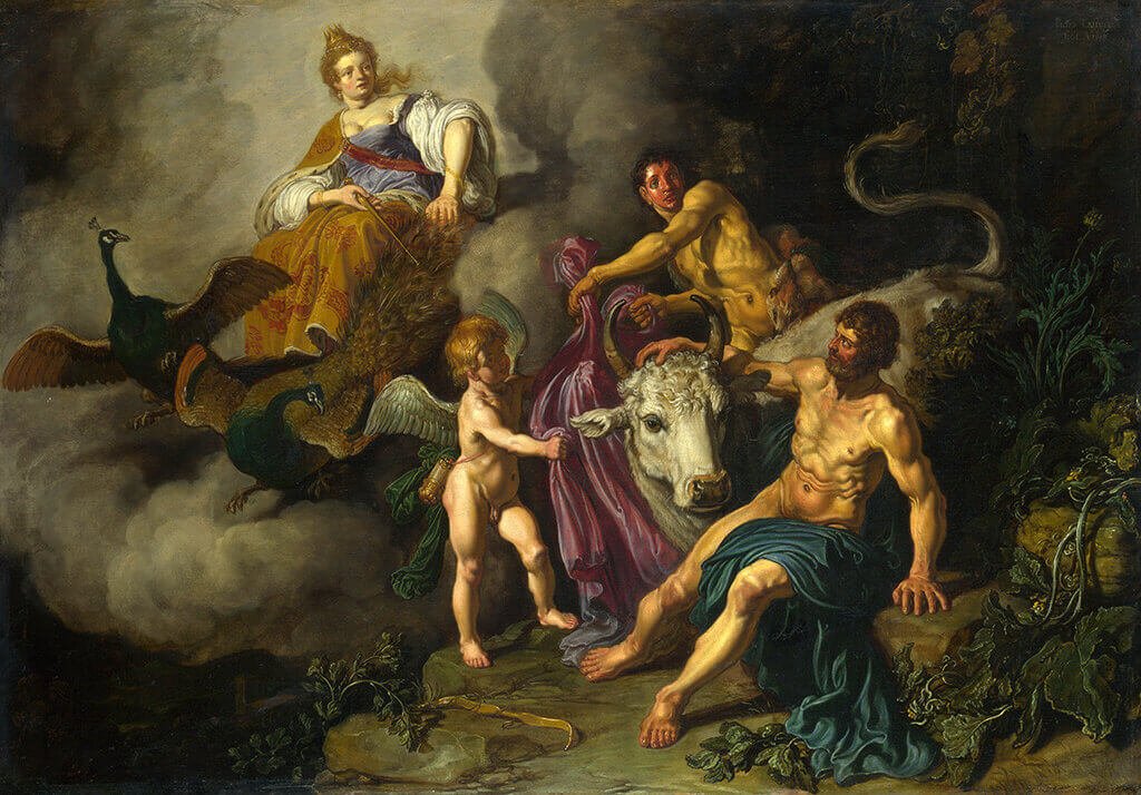 This painting represents unfit middle-aged Hera dressed in rich clothes, discovering Zeus with Io in her shape of the cow.