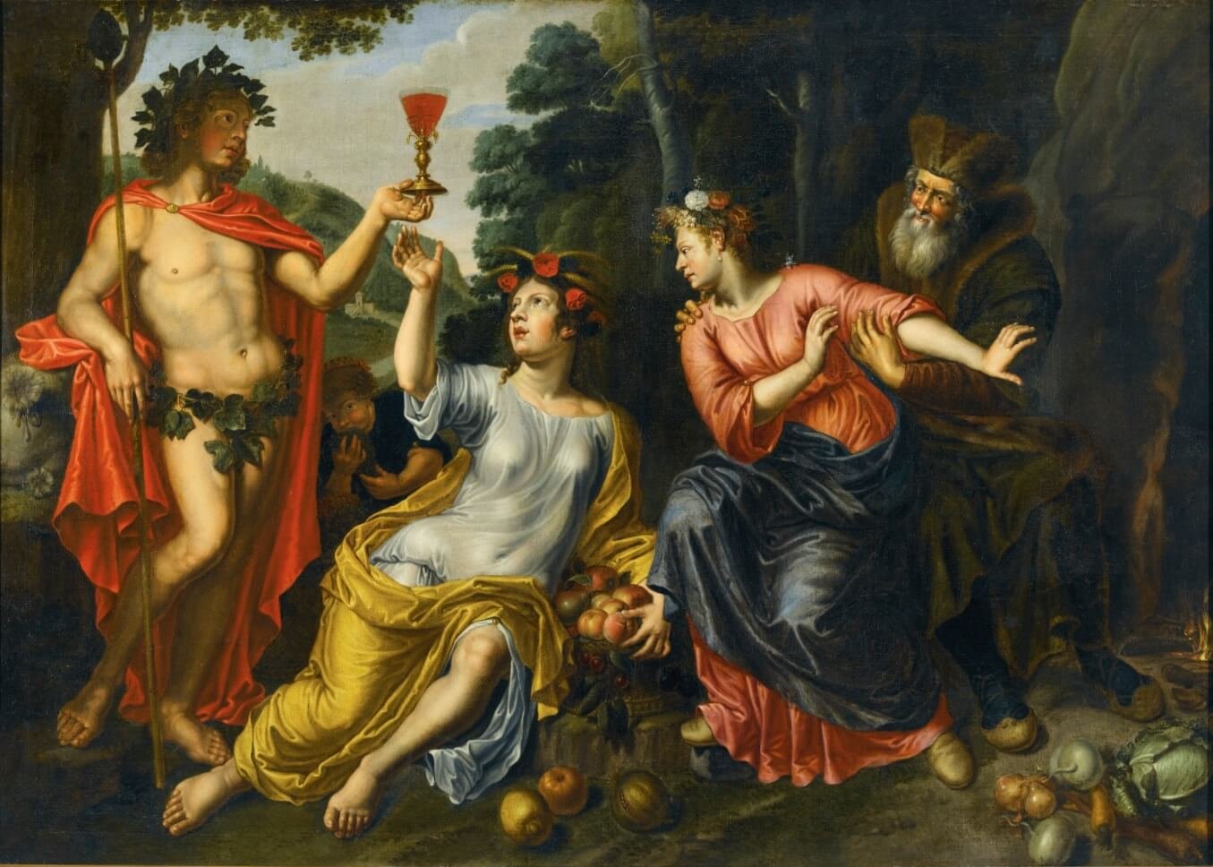 This painting depicts Dionysus, drinking wine with two maidens.