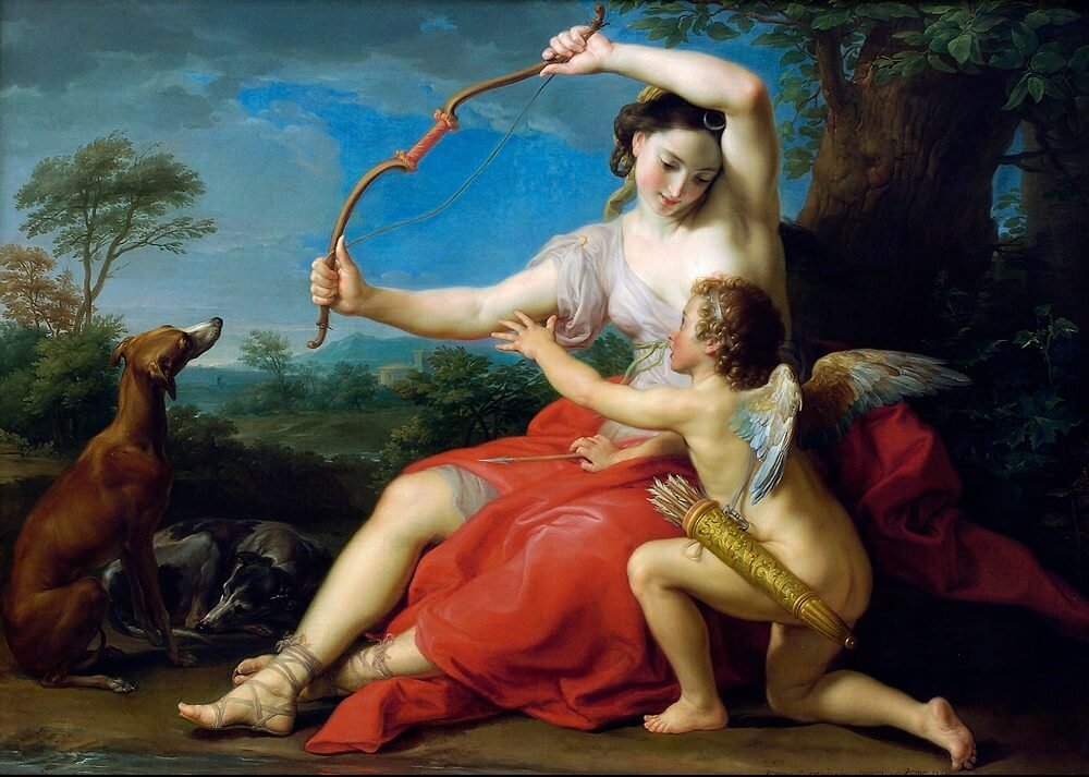 This painting represents Artemis playing with Eros, the god of love.