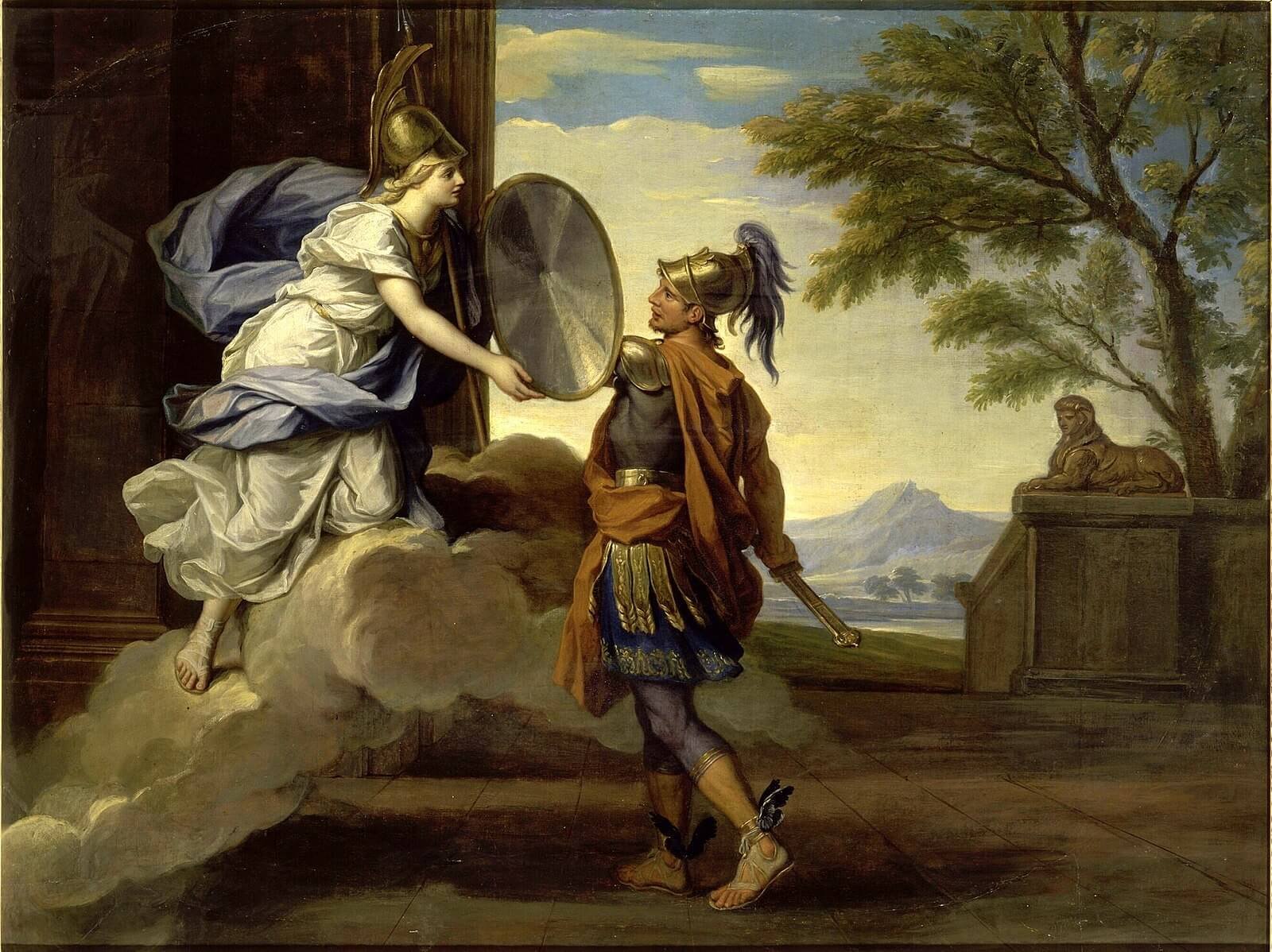 This painting represents young and beautiful Athena giving her shield to young and unbearded Perseus, dressed in blue-orange armour.