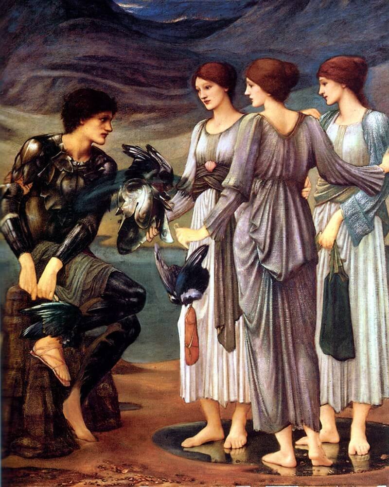 This painting represents Perseus as young man, surrounded by three beautiful nymphs, who give him artifacts of power.