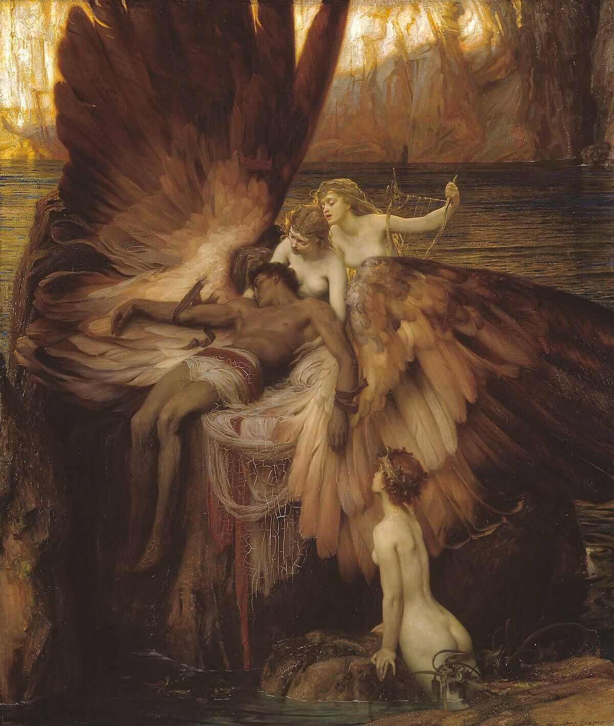 This painting represents the dead Icarus lying on a rock and sea nymphs lamenting his death.