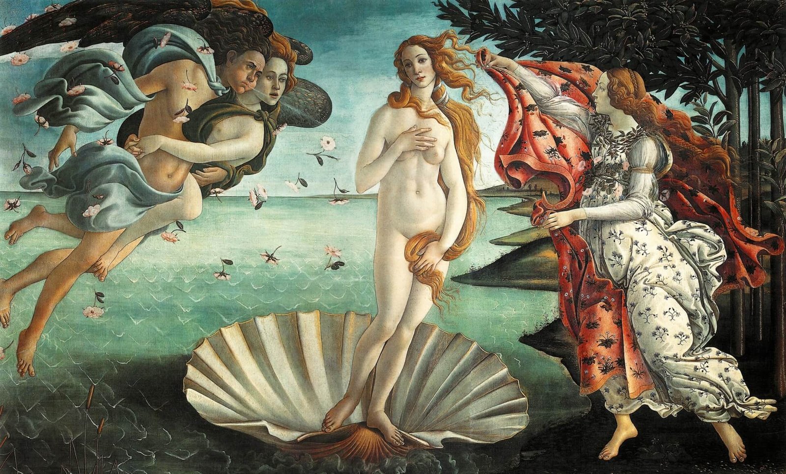 This painting represents the epic birth of Aphrodite. She stands on a huge sea shell.
