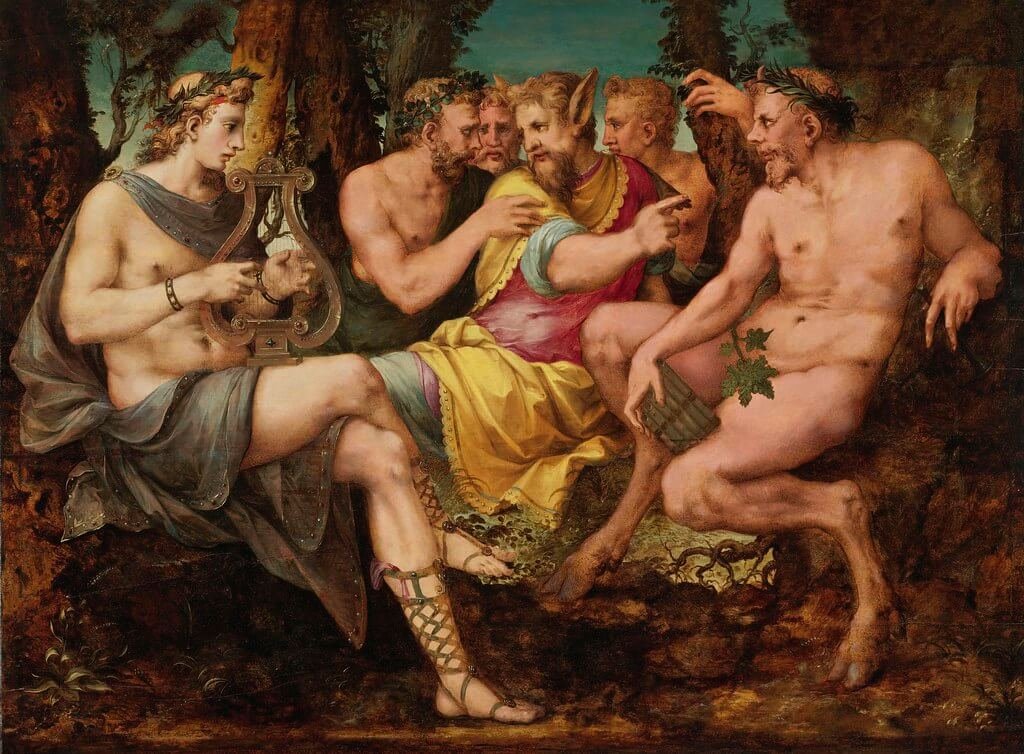 This painting depicts the king Midas sitting between people, Pan and Apollo with a lyre.