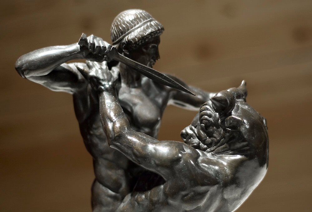 This little statue represents Theseus slaying the Minotaur with a sword.