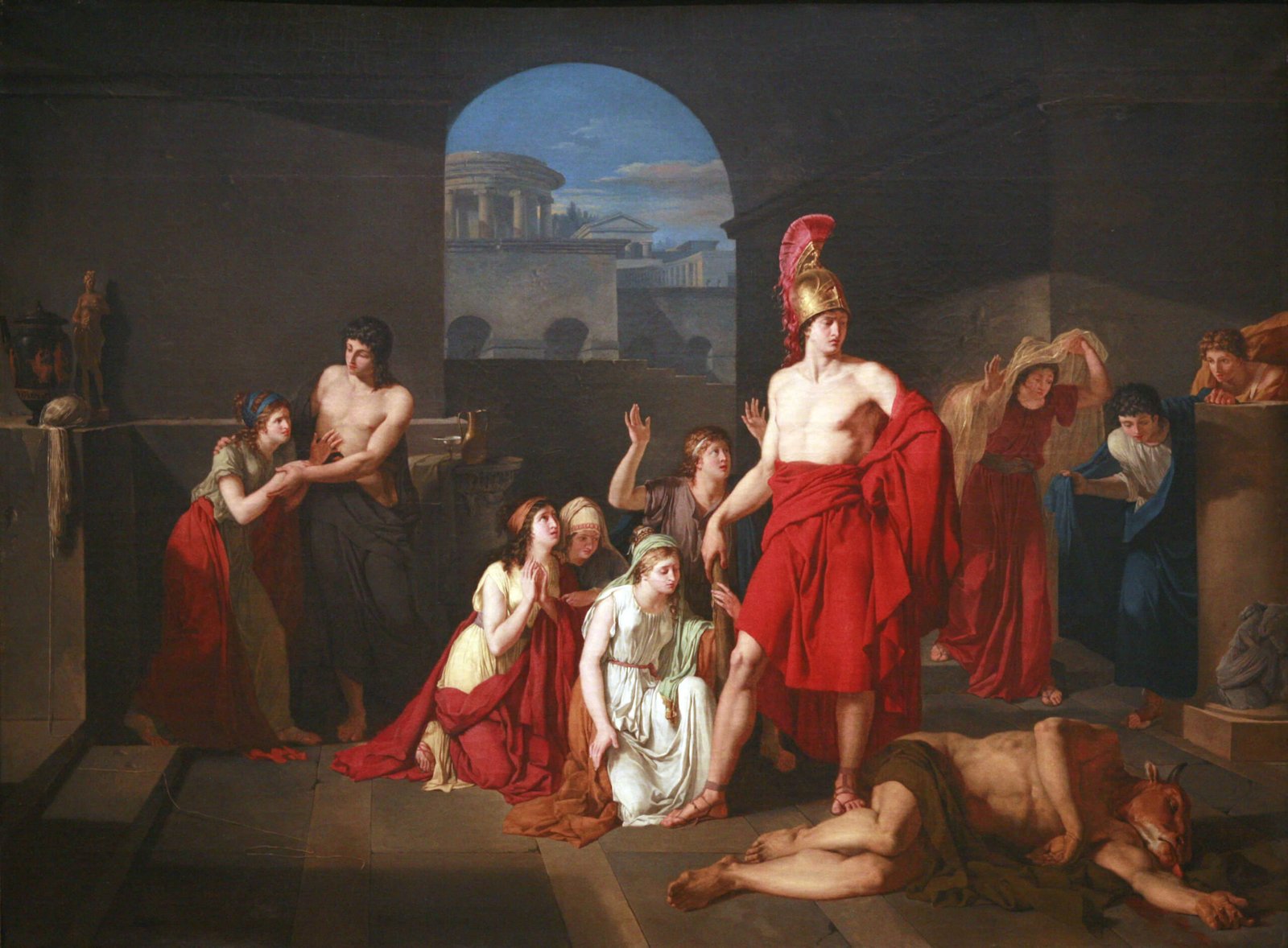 This painting represents one of the greatest Greek heroes, named Theseus. He is dressed in scarlet robes and surrounded by women. The corpse of the Minotaur lies near his feet.