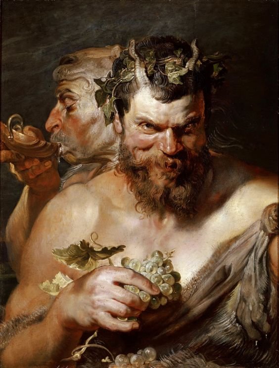 This painting represents two satyrs drinking wine.