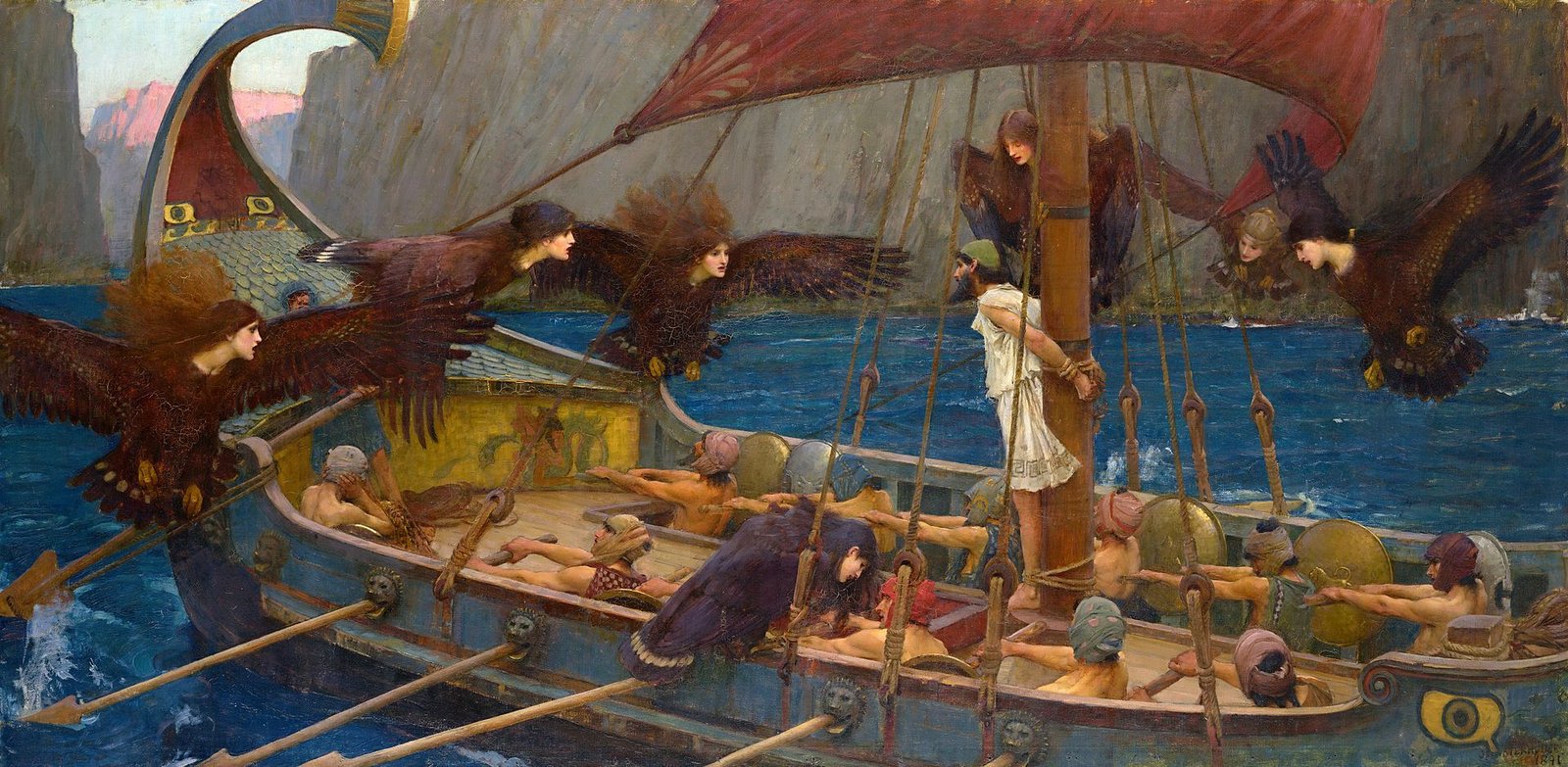This painting represents Odysseus tied to a mast of his ship, while the syrens with the bodies of birds try to lure him into the sea.
